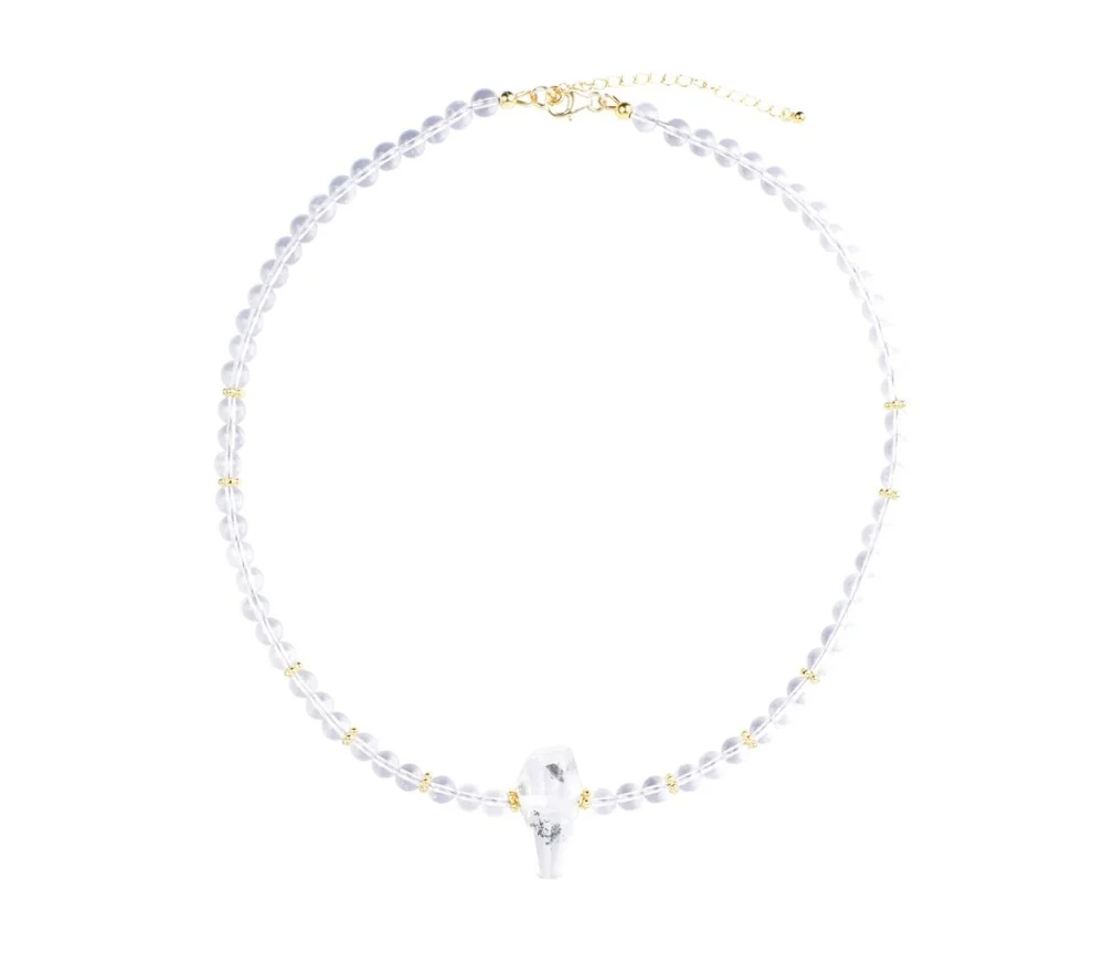 Halskette - Collier - Bergkristall, Kugeln, Inclusenquarz, vergoldet, Verlängerungskettchen