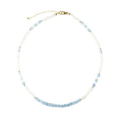 Halskette - Collier - Aquamarin, Perlmutt, vergoldet, Verlängerungskettchen
