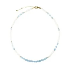 Halskette - Collier - Aquamarin, Perlmutt, vergoldet, Verlängerungskettchen