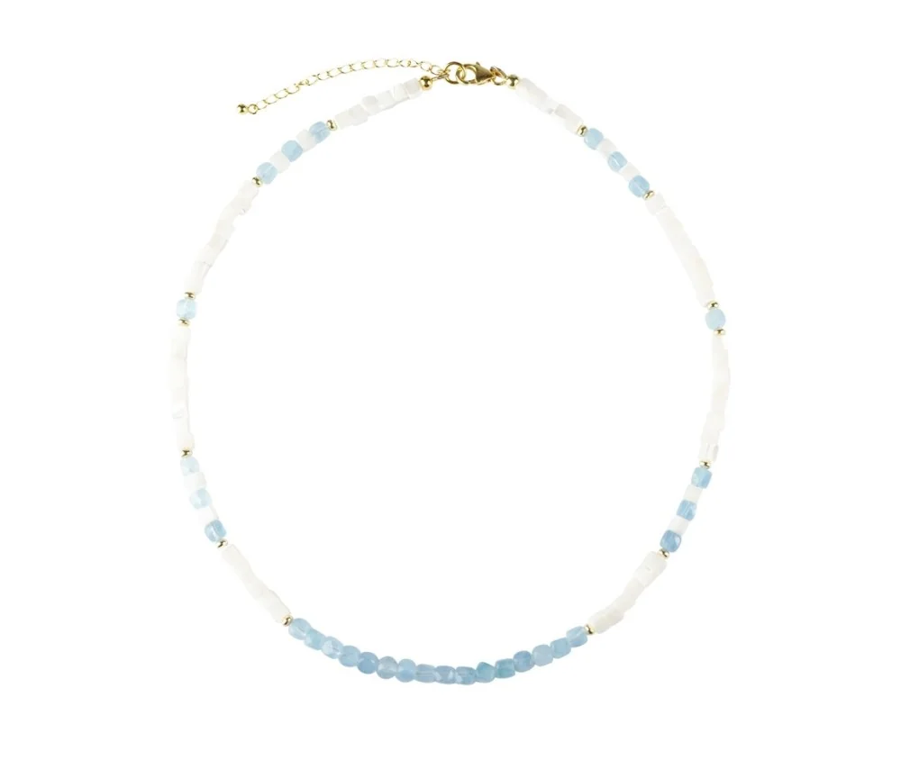 Halskette - Collier - Aquamarin, Perlmutt, vergoldet, Verlängerungskettchen