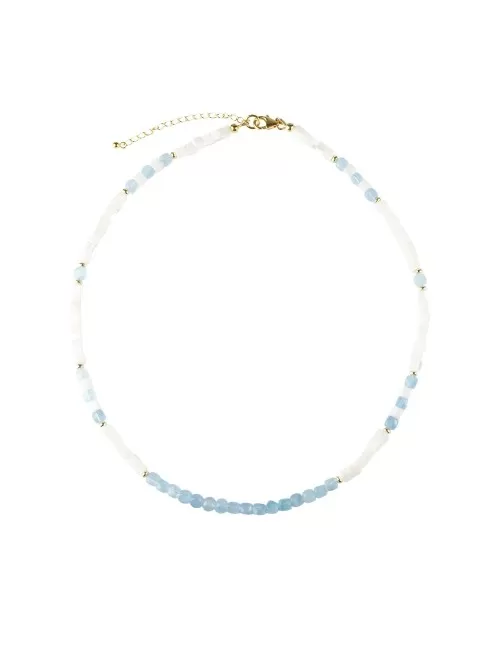 Halskette - Collier - Aquamarin, Perlmutt, vergoldet, Verlängerungskettchen