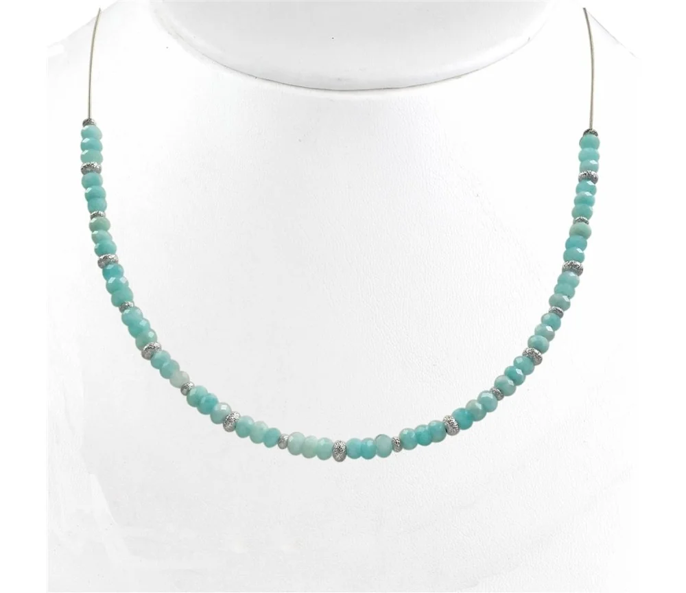 Halskette - Collier - Amazonit, Buttons, rhodiniert, Verlängerungskettchen