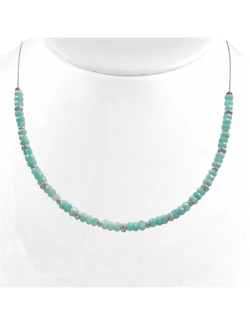 Halskette - Collier - Amazonit, Buttons, rhodiniert, Verlängerungskettchen