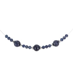 Halskette - Collier - Saphir, Kugeln, rhodiniert, Verlängerungskettchen