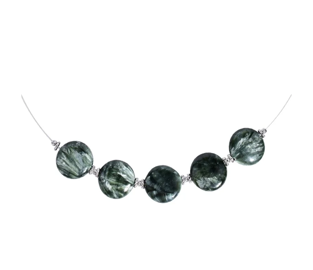 Halskette - Collier - Serafinit, Coin 16mm, rhodiniert, Verlängerungskettchen