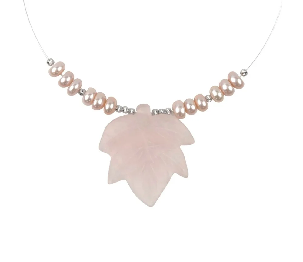 Halskette - Collier - Rosenquarz, Blatt, rhodiniert, Verlängerungskettchen