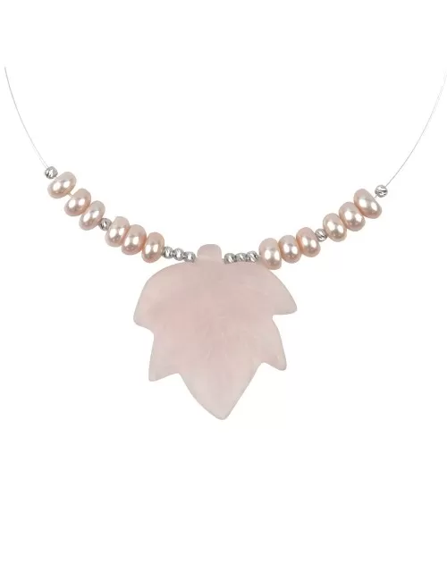 Halskette - Collier - Rosenquarz, Blatt, rhodiniert, Verlängerungskettchen