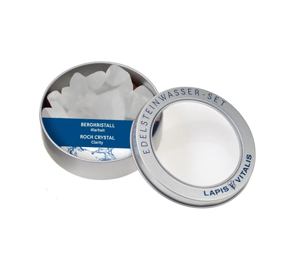 Lapis Vitalis - Wassersteine - Bergkristall - in Metall-Geschenkdose