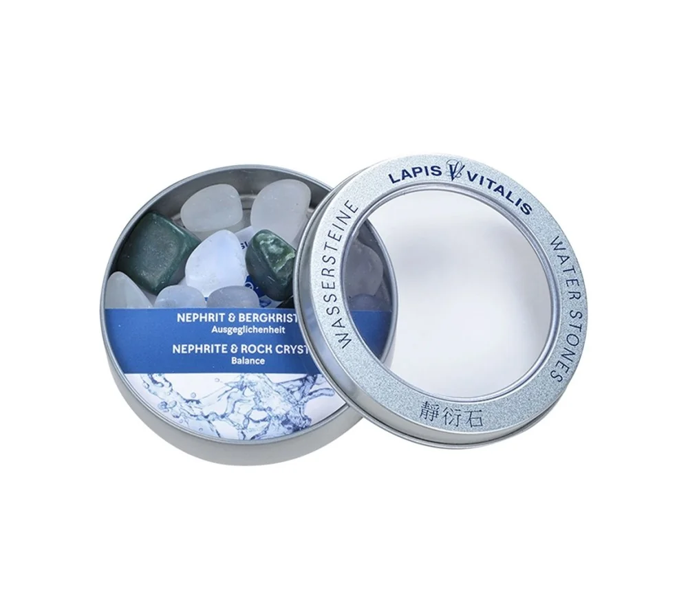 Lapis Vitalis - Wassersteine - Nephrit/Bergkristall - in Metall-Geschenkdose
