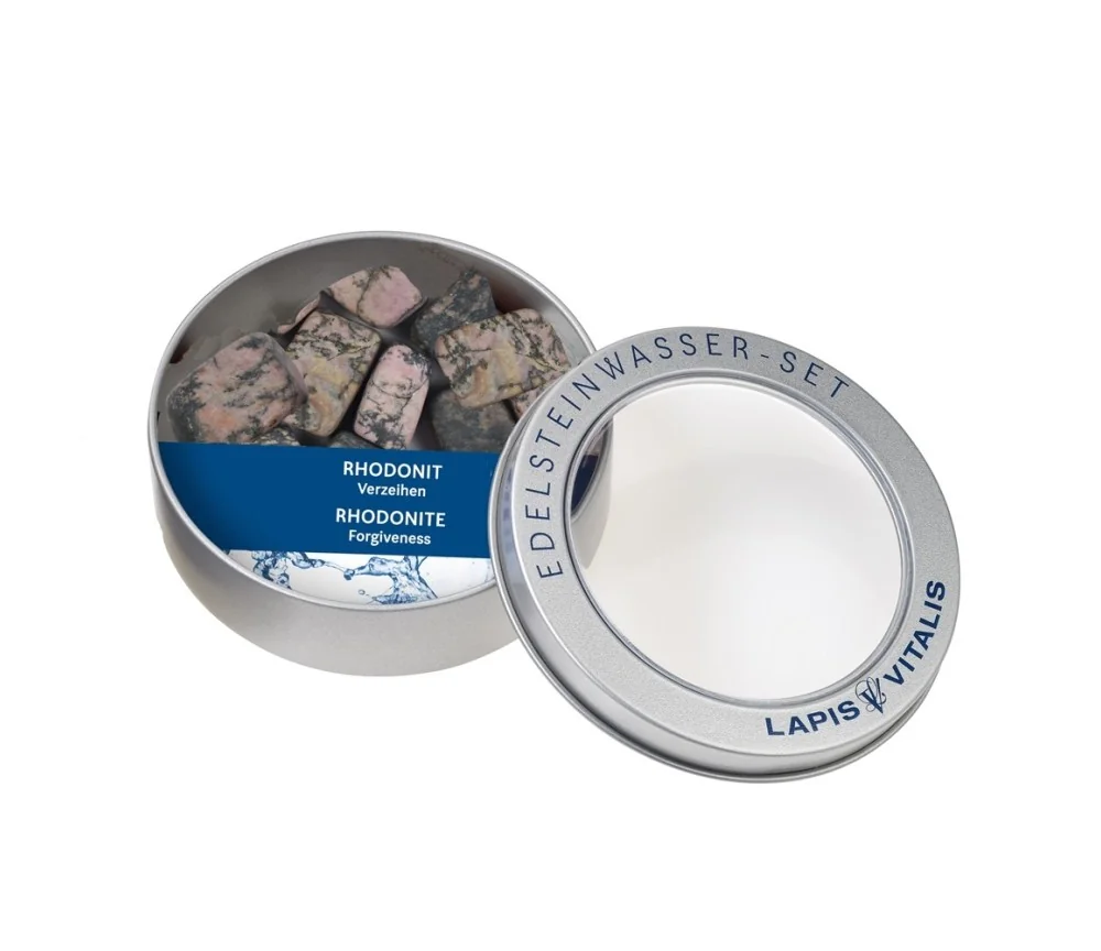 Lapis Vitalis - Wassersteine - Rhodonit - in Metall-Geschenkdose