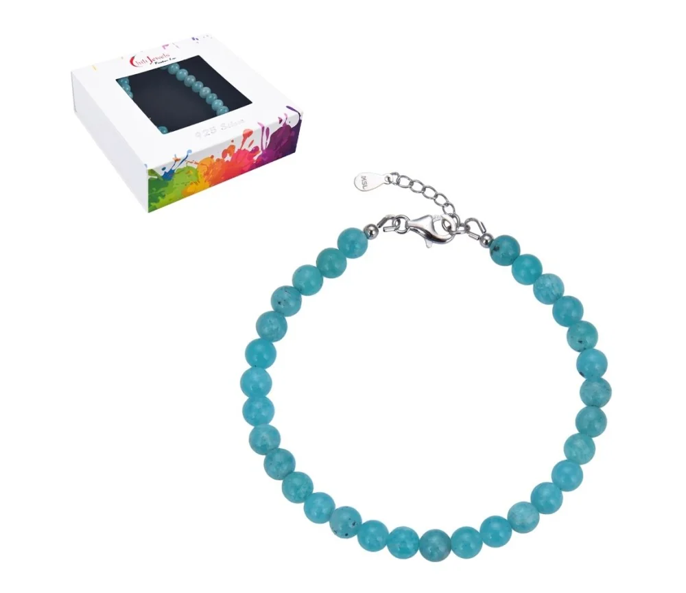 Armband - Amazonit, 6mm-Kugeln, Verlängerungskettchen, rhodiniert