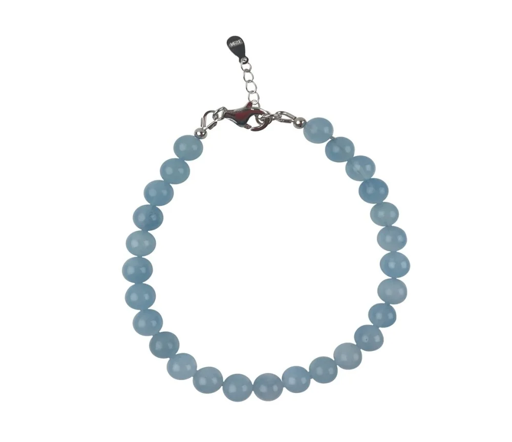 Armband - Aquamarin, 6,5mm-Kugeln, Verlängerungskettchen, rhodiniert