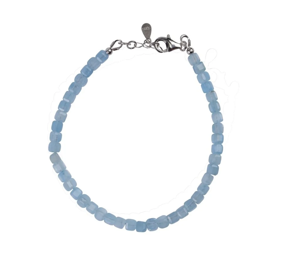 Armband - Aquamarin, 4mm-Würfel facettiert, Verlängerungskettchen, rhodiniert