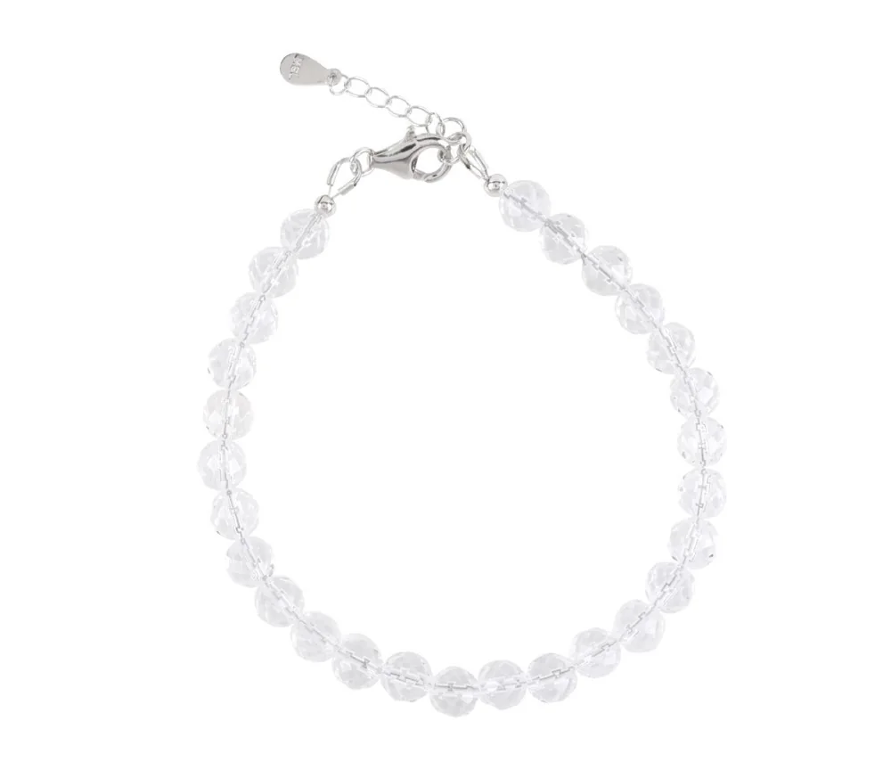 Armband - Bergkristall, 6mm-Kugeln facettiert, Verlängerungskettchen, rhodiniert