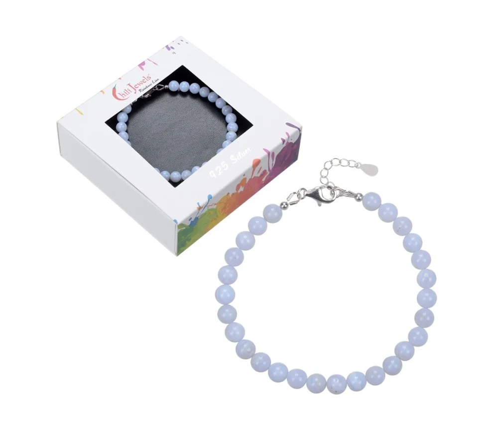 Armband - Chalcedon (blau), 6mm-Kugeln, Verlängerungskettchen, rhodiniert