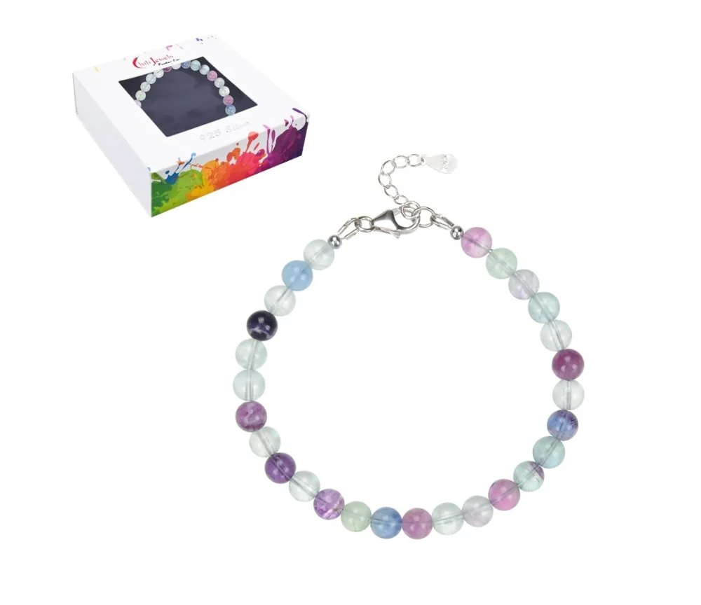 Armband - Fluorit, 6mm-Kugeln, Verlängerungskettchen, rhodiniert