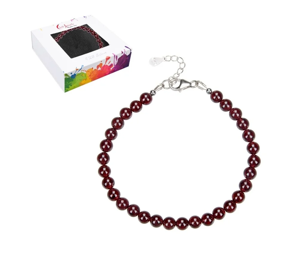 Armband - Granat 6mm-Kugeln, Verlängerungskettchen, rhodiniert