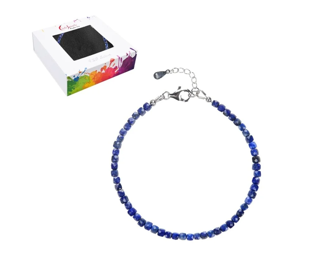 Armband - Lapis Lazuli, 3mm-Würfel facettiert, Verlängerungskettchen, rhodiniert