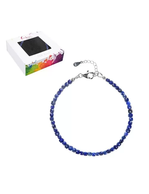 Armband - Lapis Lazuli, 3mm-Würfel facettiert, Verlängerungskettchen, rhodiniert