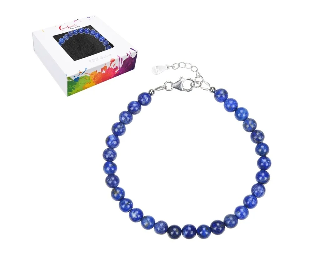 Armband - Lapis Lazuli, 6mm-Kugeln, Verlängerungskettchen, rhodiniert