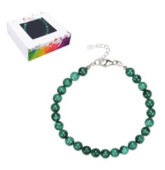 Armband - Malachit (stab.), 6mm-Kugeln, Verlängerungskettchen, rhodiniert