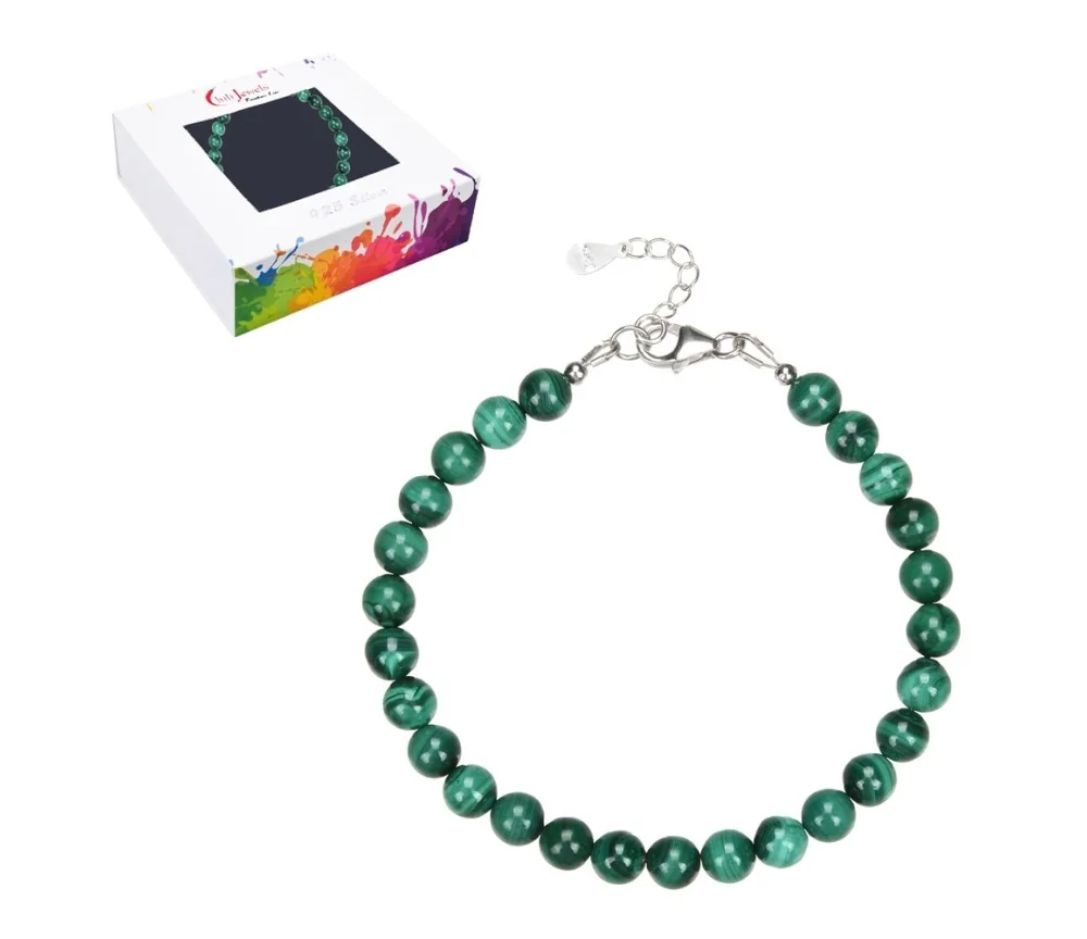 Armband - Malachit (stab.), 6mm-Kugeln, Verlängerungskettchen, rhodiniert