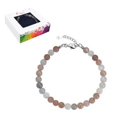 Armband - Mondstein, 6mm-Kugeln, Verlängerungskettchen, rhodiniert