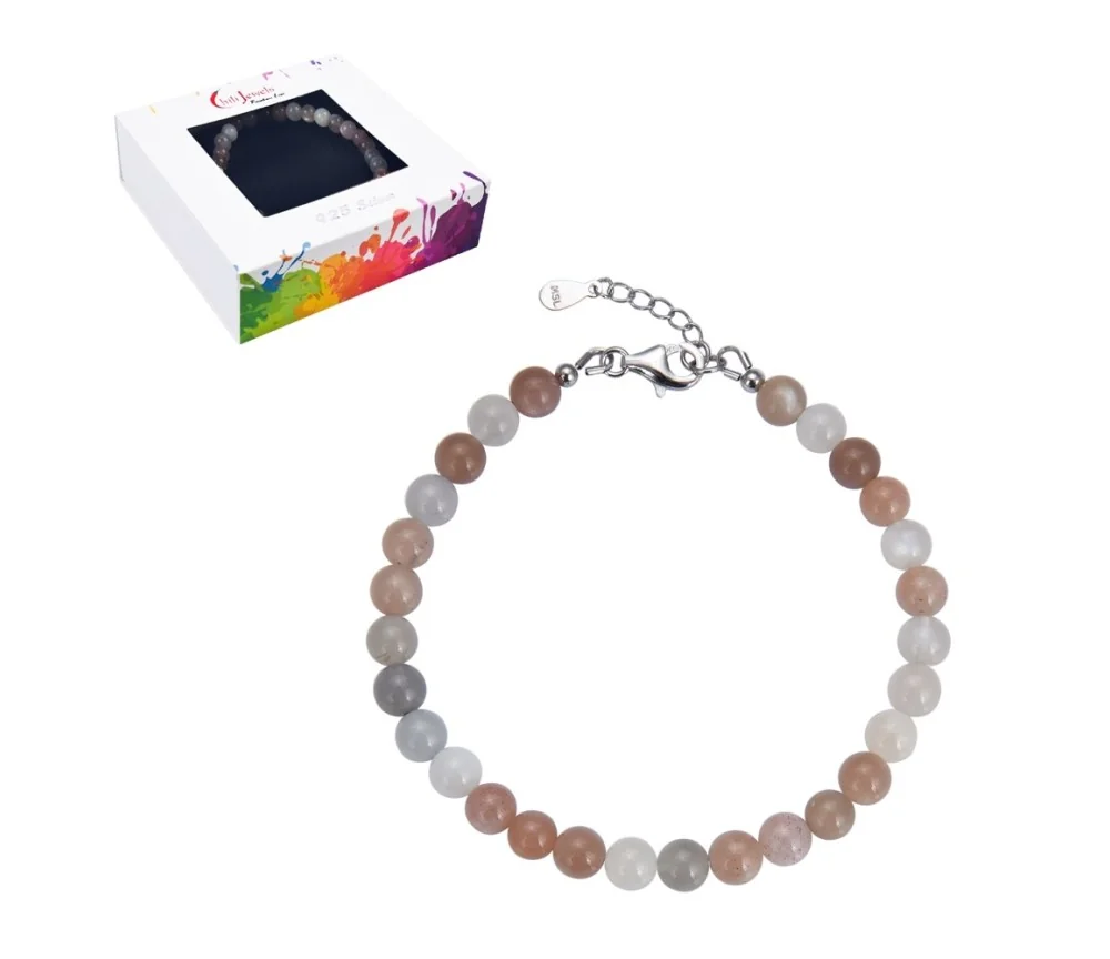 Armband - Mondstein, 6mm-Kugeln, Verlängerungskettchen, rhodiniert