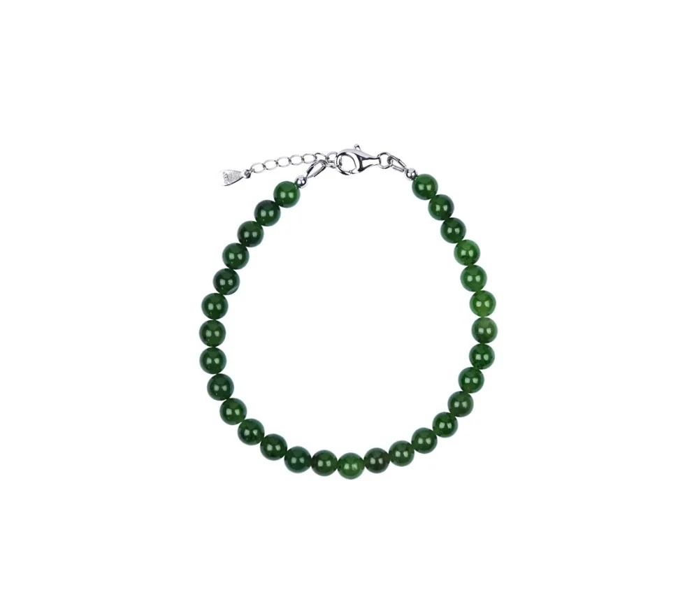 Armband - Nephrit, 6mm-Kugeln, Verlängerungskettchen, rhodiniert