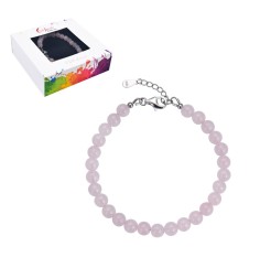 Armband - Rosenquarz, 6mm-Kugeln, Verlängerungskettchen, rhodiniert