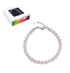 Armband - Rosenquarz, 6mm-Kugeln, Verlängerungskettchen, rhodiniert