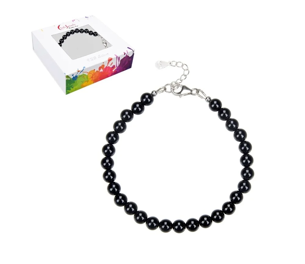 Armband - Schörl (stab.), 6mm-Kugeln, Verlängerungskettchen, rhodiniert