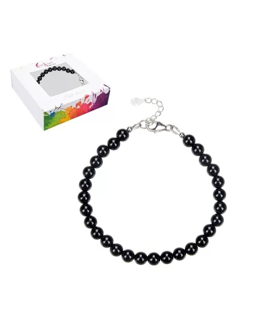 Armband - Schörl (stab.), 6mm-Kugeln, Verlängerungskettchen, rhodiniert