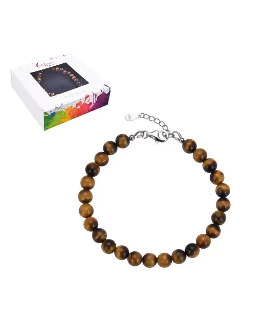 Armband - Tigerauge, 6mm-Kugeln, Verlängerungskettchen, rhodiniert, Geschenkschachtel