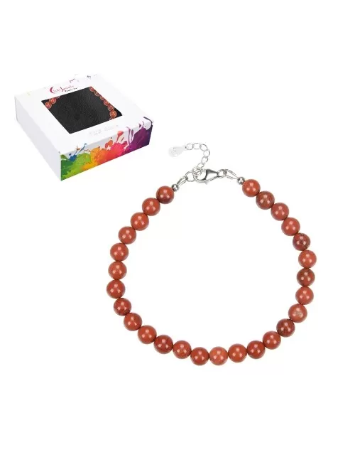 Armband - Jaspis (rot), 6mm-Kugeln, Verlängerungskettchen, rhodiniert