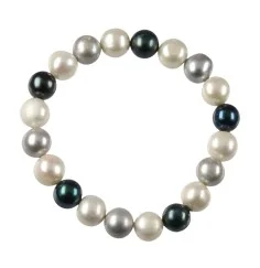 Armband - Perle weiß/silber/petrol, 10-11mm Kugeln