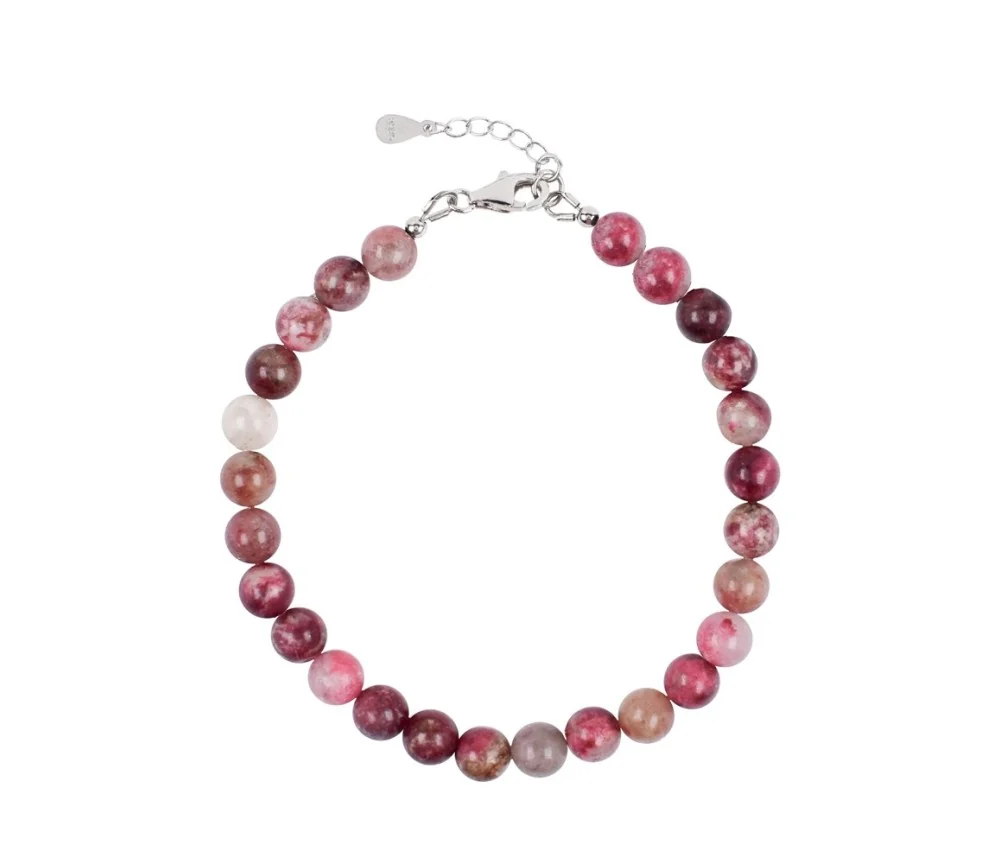 Armband - Thulit, 6mm-Kugeln, Verlängerungskettchen, rhodiniert