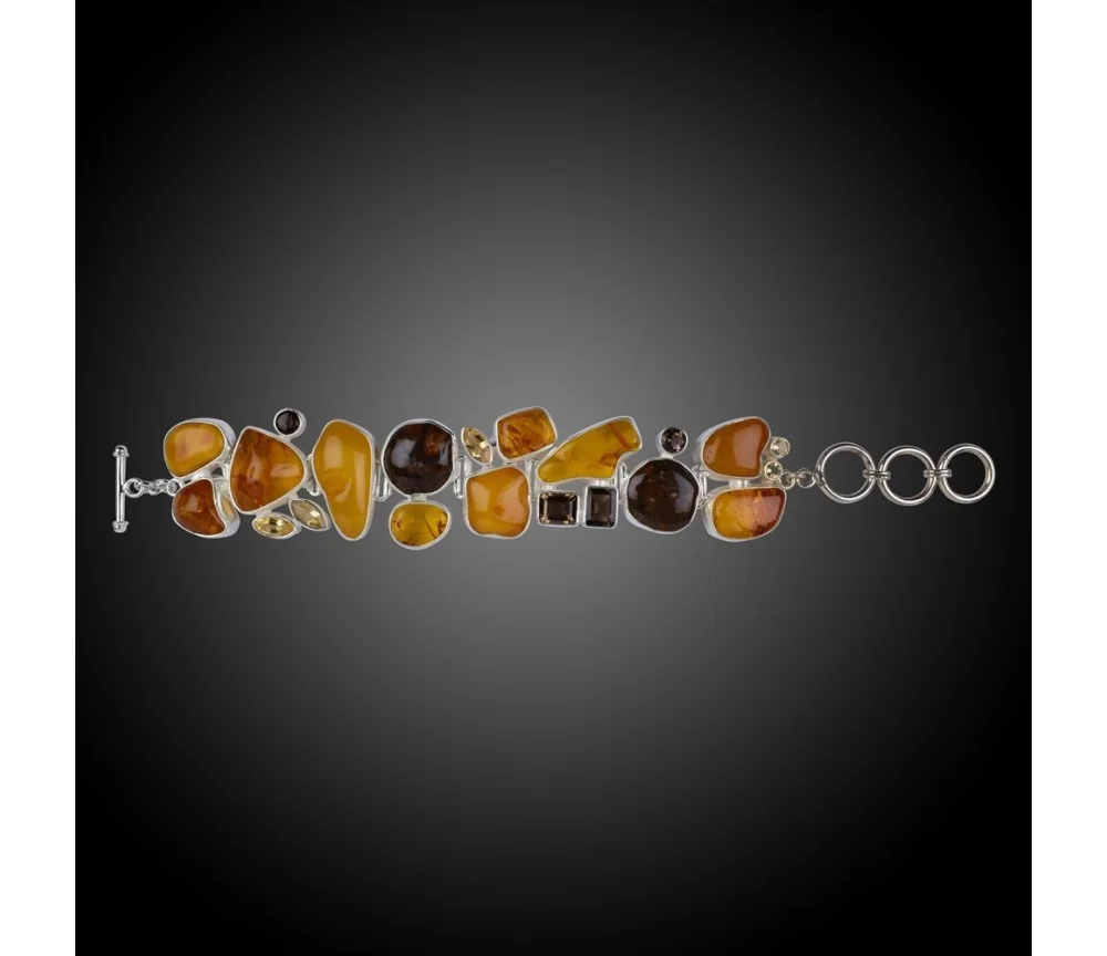 Armband - Bernstein, Rauchquarz, Citrin & verst. Holz - 925 Silber - Einzelstück