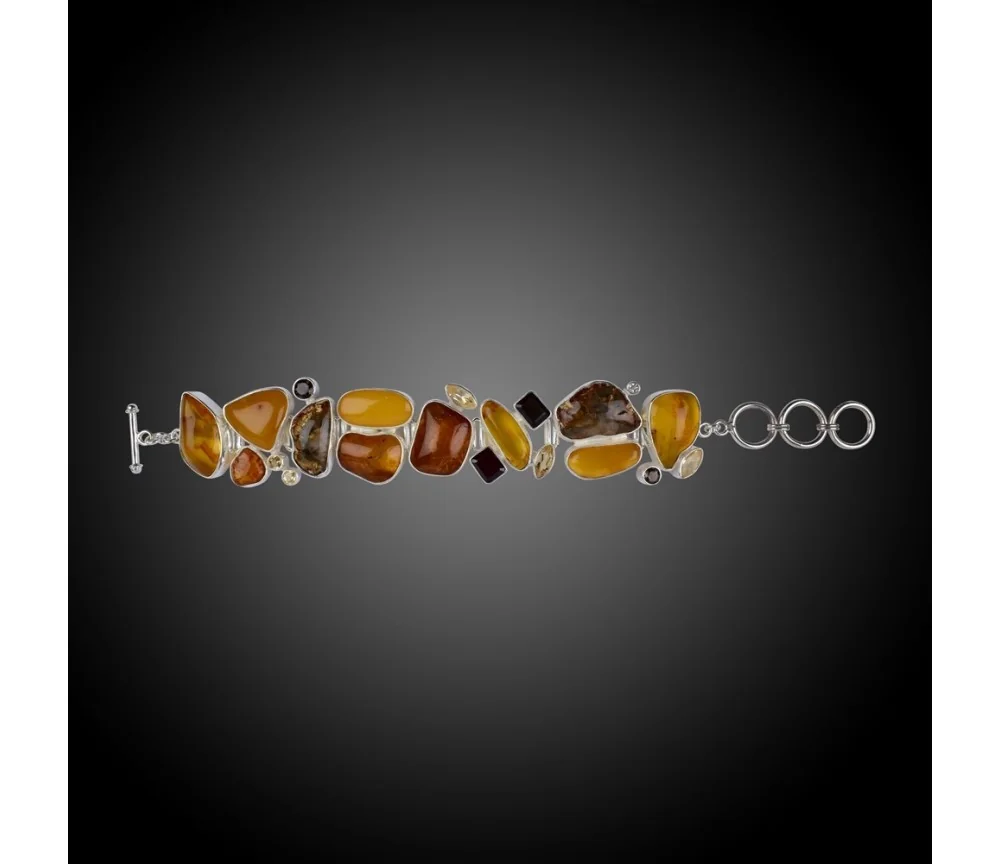 Armband - Bernstein, Granat, Rauchquarz, Citrin & verst. Holz - 925 Silber - Einzelstück
