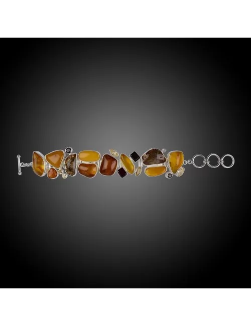 Armband - Bernstein, Granat, Rauchquarz, Citrin & verst. Holz - 925 Silber - Einzelstück