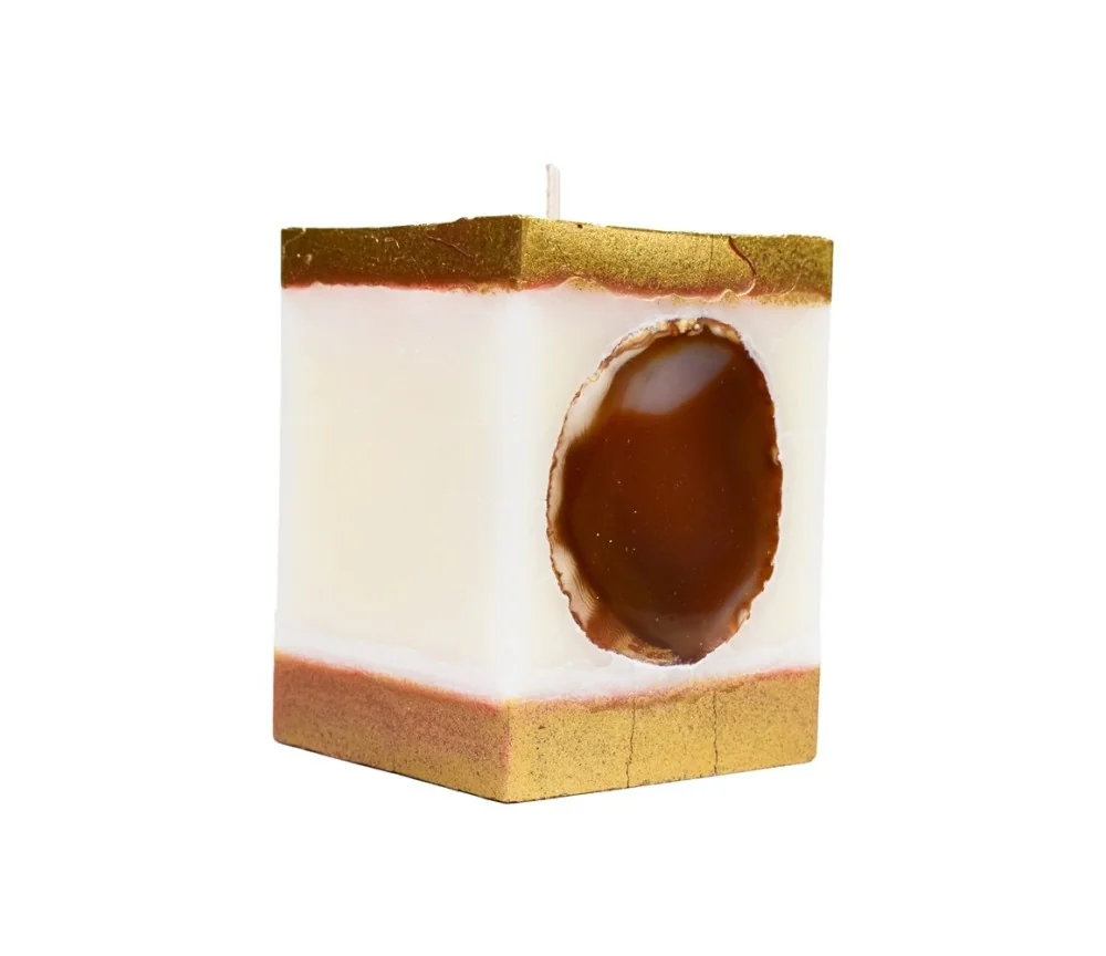 Kerze - Achat Edelstein - weiß/gold, Quaderform - Maße ca: 7,5x7,5x10cm