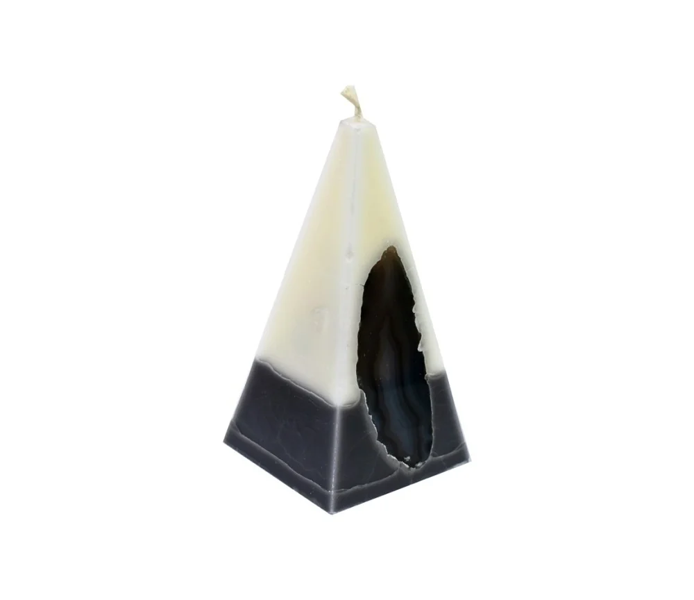Kerze - Achat Edelstein - weiß/anthrazit, Pyramide - Maße ca: 6x6x11,5cm