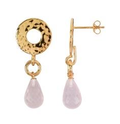 Heilsteine & Edelsteine - Ohrstecker - Rosenquarz-Briolette, gehämmerter Kreis, 3,8cm, vergoldet