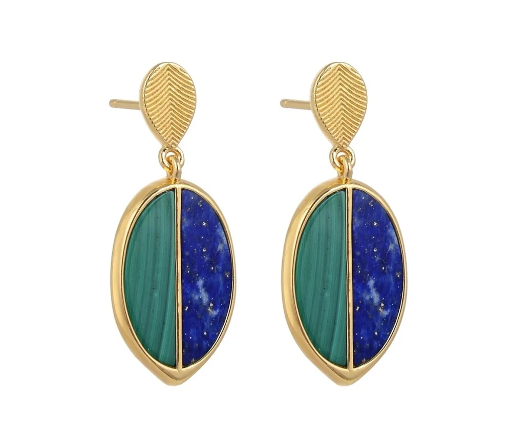Heilsteine & Edelsteine - Ohrstecker - Malachit, Lapis Lazuli Halboval (17 x 5mm), 3,1cm, vergoldet