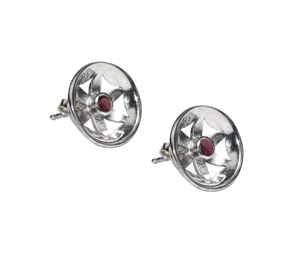 Heilsteine & Edelsteine - Ohrstecker - Blume mit Granat, 1,4cm, rhodiniert