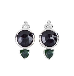 Heilsteine & Edelsteine - Ohrstecker - Schörl (stab.) rund facettiert, Turmalin grün Trillion, 2,2cm, rhodiniert