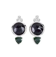 Heilsteine & Edelsteine - Ohrstecker - Schörl (stab.) rund facettiert, Turmalin grün Trillion, 2,2cm, rhodiniert