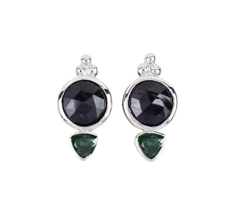 Heilsteine & Edelsteine - Ohrstecker - Schörl (stab.) rund facettiert, Turmalin grün Trillion, 2,2cm, rhodiniert