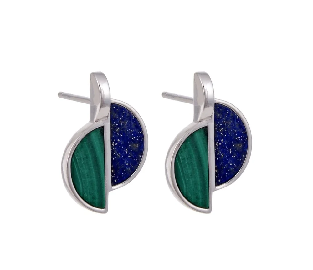 Heilsteine & Edelsteine - Ohrstecker - Malachit, Lapis Lazuli Halboval (11 x 5mm), 1,9cm, rhodiniert