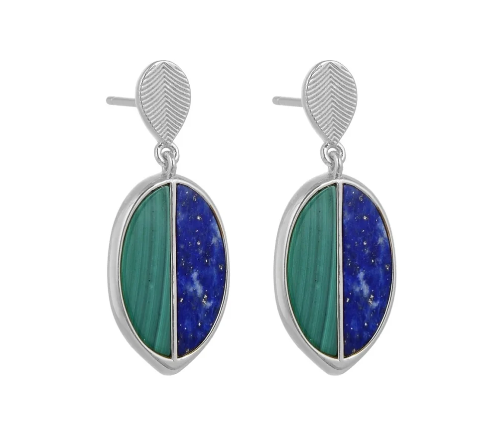 Heilsteine & Edelsteine - Ohrstecker - Malachit, Lapis Lazuli Halboval (17 x 5mm), 3,1cm, rhodiniert